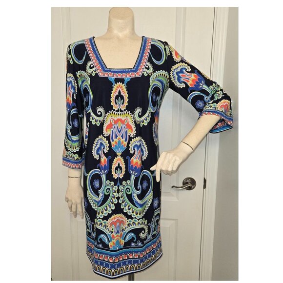 Laundry by Shelli Segal Three Quarter Sleeve Square Neck Printed Dress Size 4 - Picture 2 of 13